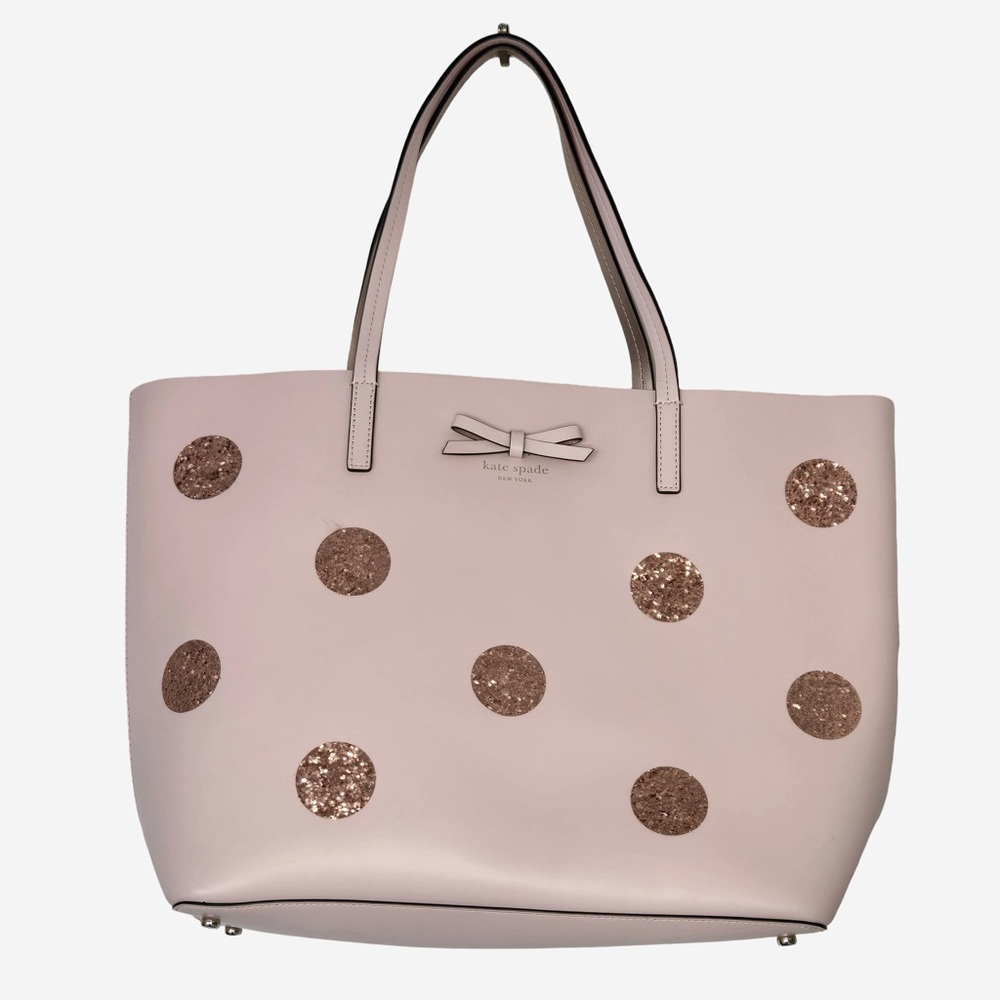 Kate Spade Little Len Tote Pink w/ Rose Gold Glitter Polka Dots Bow Detail